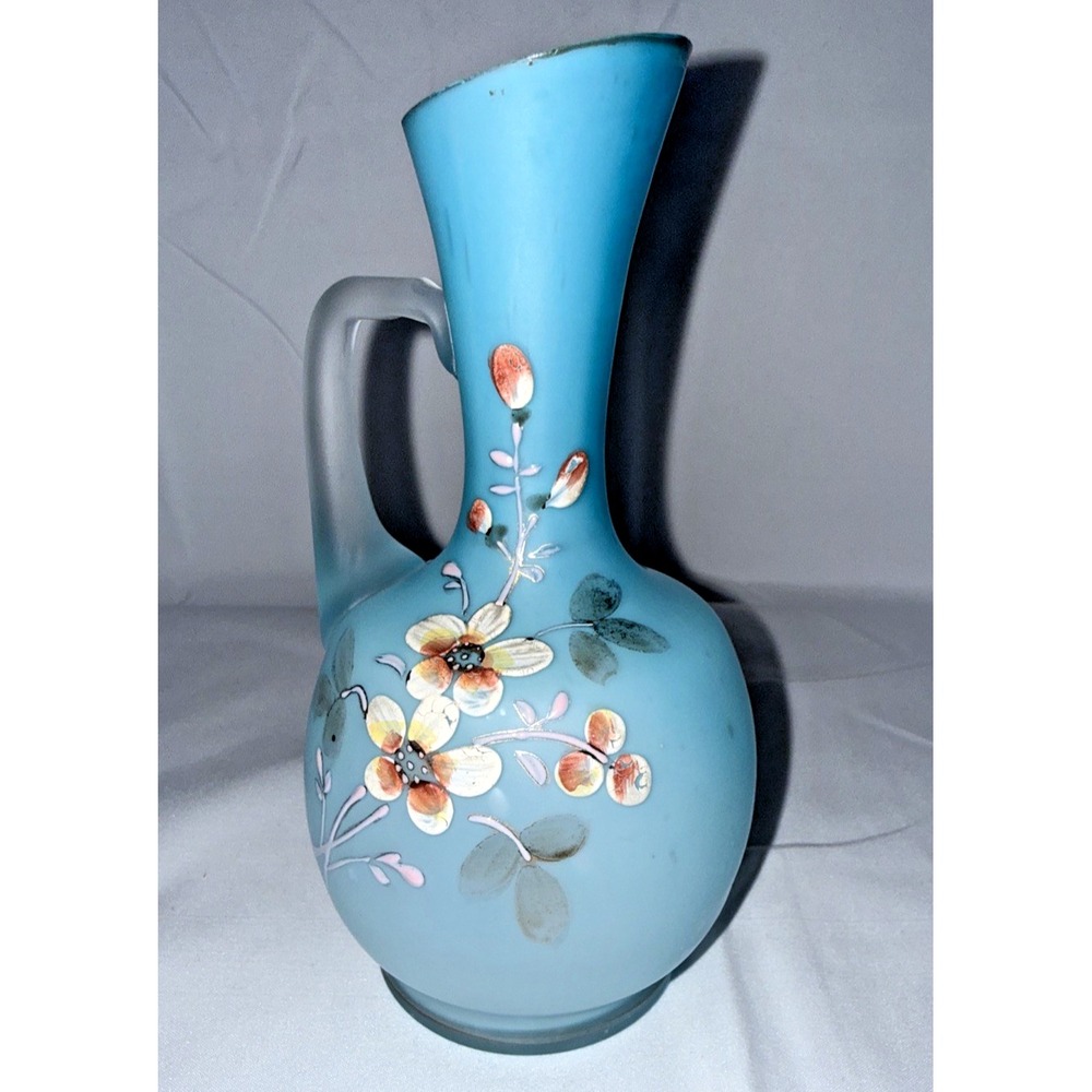 Victorian Pale Blue Satin Glass Pitcher Hand Painted Enamel Flowers 19th C Ewer